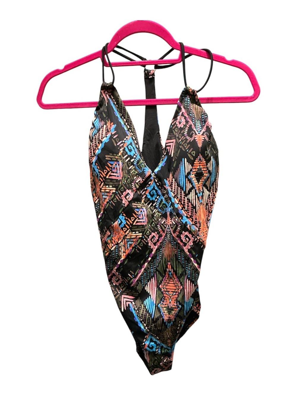 Time and Tru Black Multicolor Geometric One-Piece Swimsuit